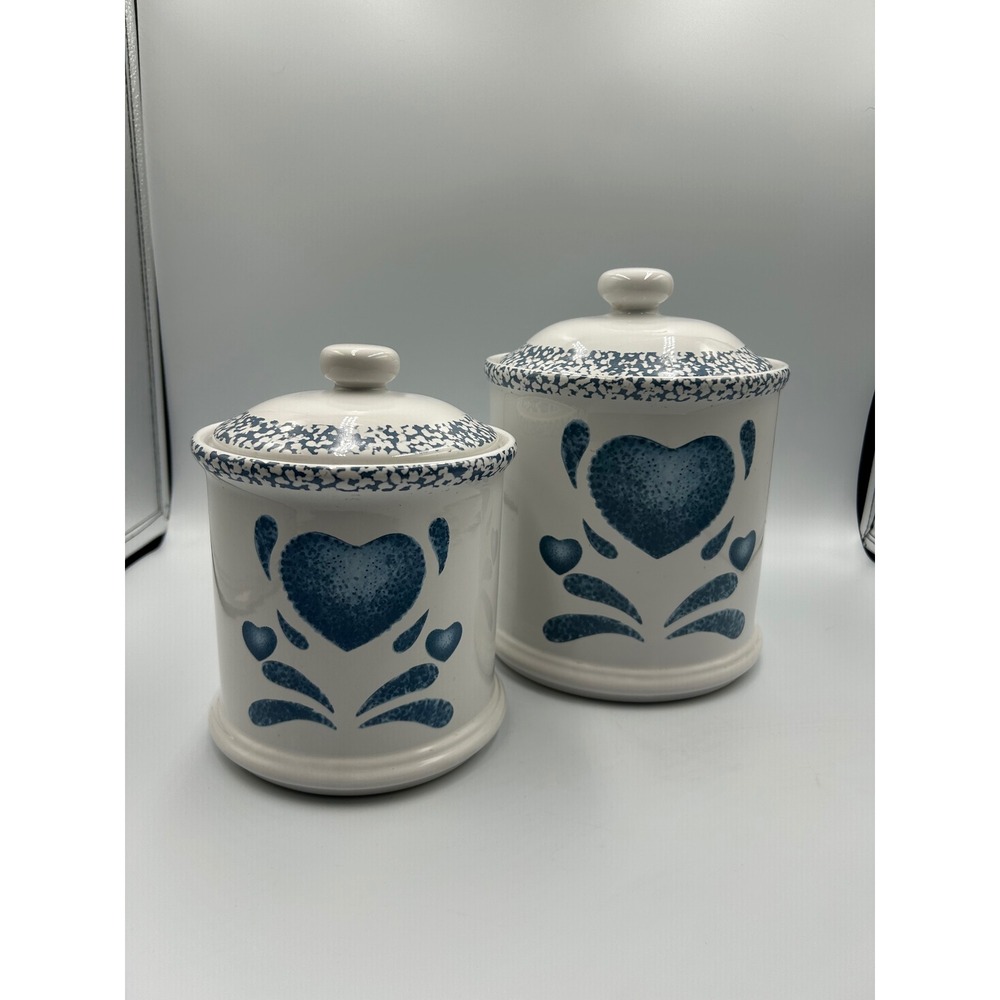 Jay Ceramic Canister Set 2pc Blue Sponge Heart White Farmhouse Kitchen Jars
